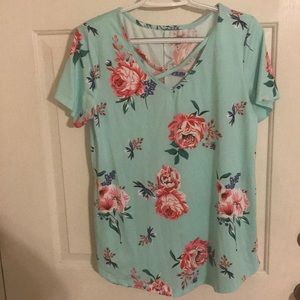 Pretty mint colored criss-cross top with flowers